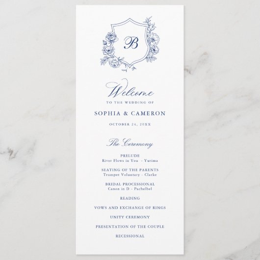 Elegant Bloemen Rozen Crest Monogram Blauw Bruilof Programma (Voorkant)