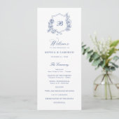 Elegant Bloemen Rozen Crest Monogram Blauw Bruilof Programma (Staand voorkant)