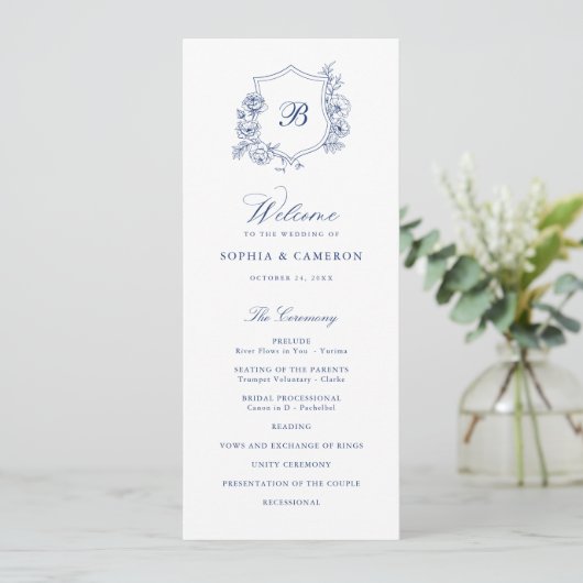 Elegant Bloemen Rozen Crest Monogram Blauw Bruilof Programma (Staand voorkant)