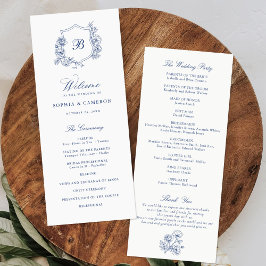 Elegant Bloemen Rozen Crest Monogram Blauw Bruilof Programma