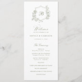 Elegant Bloemen Rozen Crest Monogram Sage Bruiloft Programma (Voorkant)