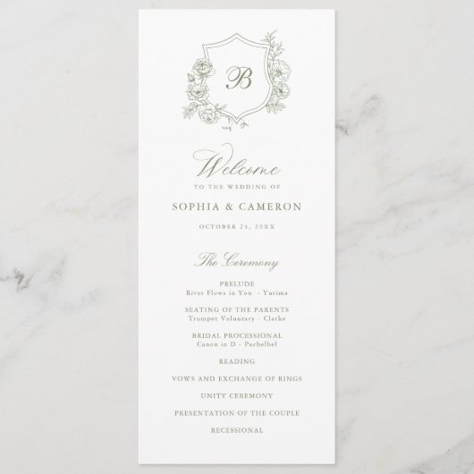 Elegant Bloemen Rozen Crest Monogram Sage Bruiloft Programma (Voorkant)