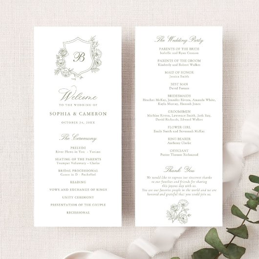 Elegant Bloemen Rozen Crest Monogram Sage Bruiloft Programma