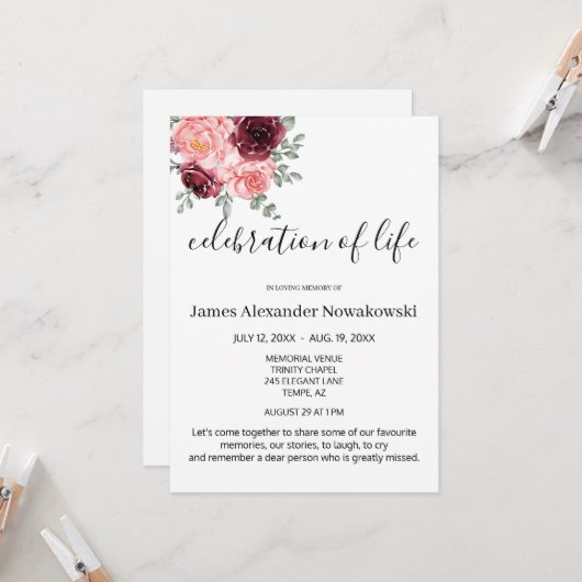 Elegant Bloemen Smaakvol Leven Viering Begrafenis Kaart (Voorkant / Achterkant in situ)