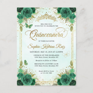 Elegant Bloemen Smaragd Groen Glam Goud Quinceañer Briefkaart