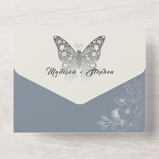 Elegant Bloemen Stoffig Blauw Bruiloft All In One Uitnodiging (Achterkant)