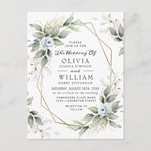 Elegant Bloemen Stoffig Blauw Bruiloft Uitnodiging (Voorkant)