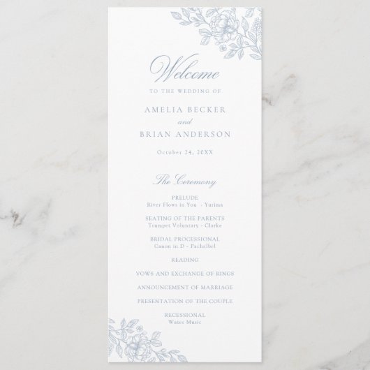 Elegant Bloemen  Stoffig Blauw Trouwprogramma Programma (Voorkant)