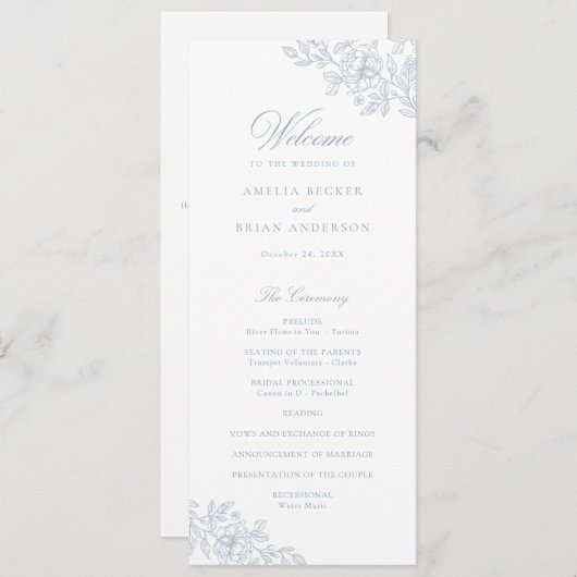 Elegant Bloemen  Stoffig Blauw Trouwprogramma Programma (Voorkant / Achterkant)
