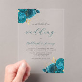 Elegant Bloemen Turquoise Goud Script Bruiloft Acryl Uitnodigingen (Insitu (Draagbaar))