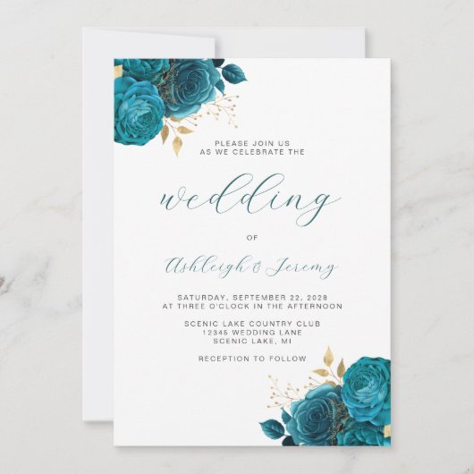 Elegant Bloemen Turquoise Goud Script Bruiloft Kaart (Voorkant)