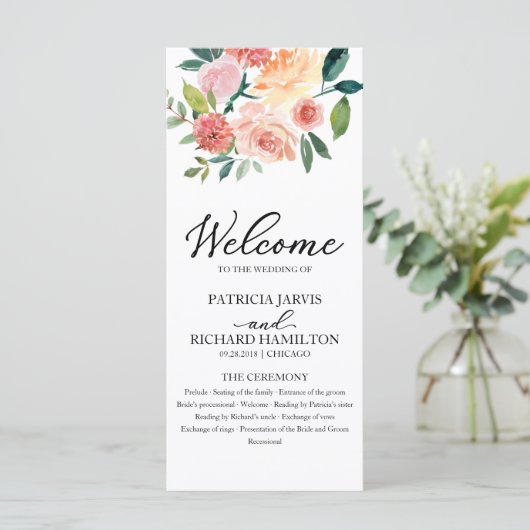 Elegant Bloemen Waterverf Trouwprogramma 4x9 Programma (Staand voorkant)