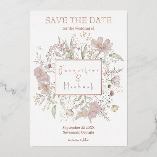 Elegant Bloemen Wildflower Goud Roos Save the Date Folie Uitnodiging (Voorkant)