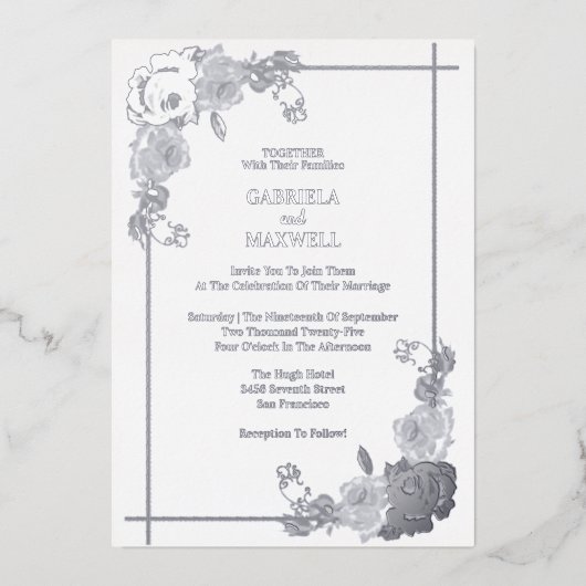 Elegant Bloemen Wit en Zilveren Goud Bruiloft Folie Uitnodiging (Voorkant)