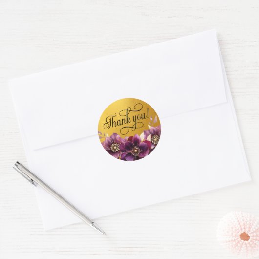 Elegant Bloemen Zwart Script Bedankt Gouden Sticke Ronde Sticker (Envelop)