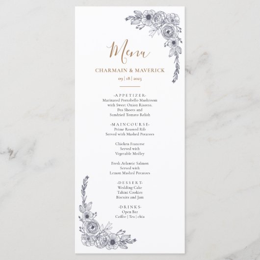 Elegant Bloemen Zwart & Wit Bruiloft Menu (Voorkant)