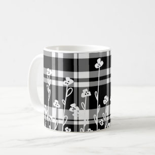 Elegant bloemen zwart wit plaid patroon koffiemok
