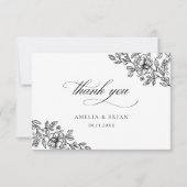 Elegant Bloemen Zwart Wit Script Bruiloft Bedankkaart (Voorkant)