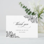 Elegant Bloemen Zwart Wit Script Bruiloft Bedankkaart (Staand voorkant)