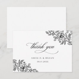 Elegant  Bloemen Zwart Wit Script Bruiloft Bedankkaart