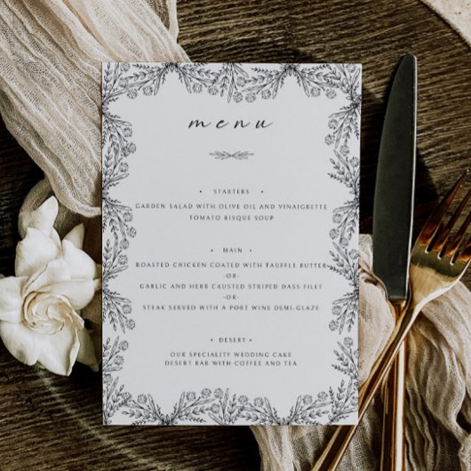 Elegant Bloemen Zwart & Wit Tafel Diner Menu