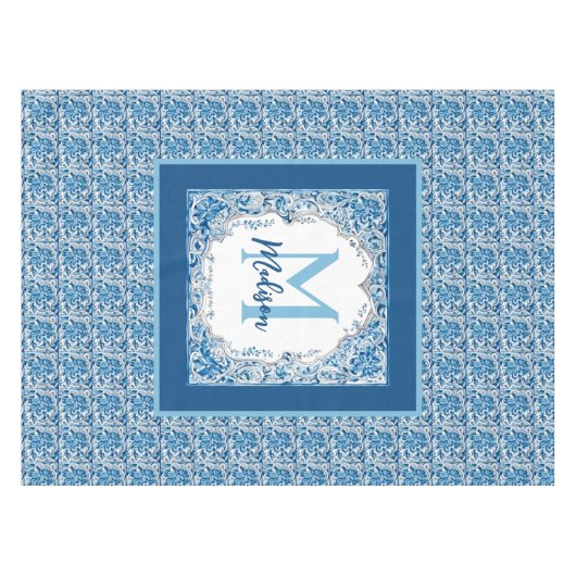 Elegant  bloemenaqua Blauw geel monogram Tafelkleed (Voorkant (Horizontaal))