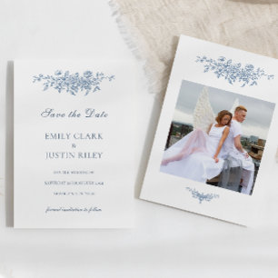 Elegant  Bloemenblauw Foto Save the Date Kaart