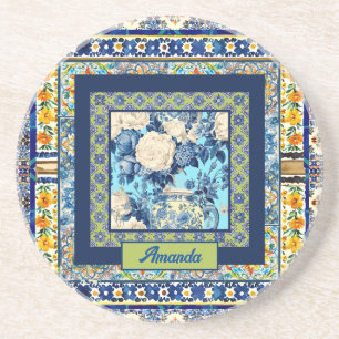 Elegant bloemenblauw tegel chinoiserie monogram zandsteen onderzetter