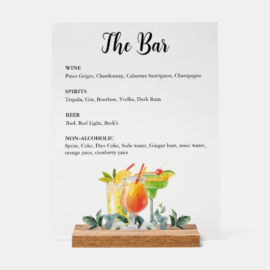 Elegant Bloemendranken Bar Menu Acryl Bord (Voorkant)