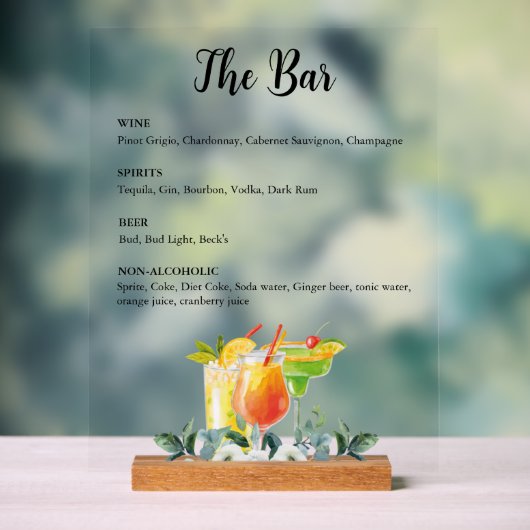 Elegant Bloemendranken Bar Menu Acryl Bord (Neutraal)