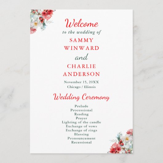 Elegant bloemengroen Winter bruiloft Programma (Voorkant)