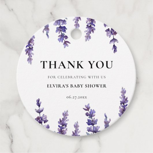 Elegant bloemenlavendel Baby shower Bedankjes Labels (Voorkant)