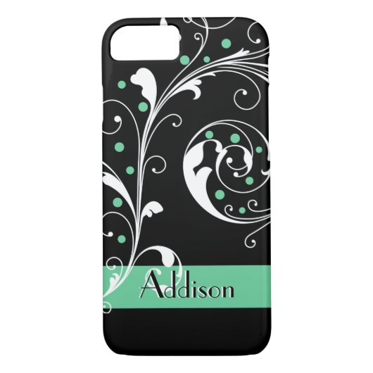 Elegant bloemenrol blad zwart mint groen Case-Mate iPhone case (Achterkant)