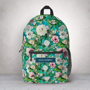 Elegant bloemenroze bloemblaadjes blauw monogram Bedrukte Rugzak