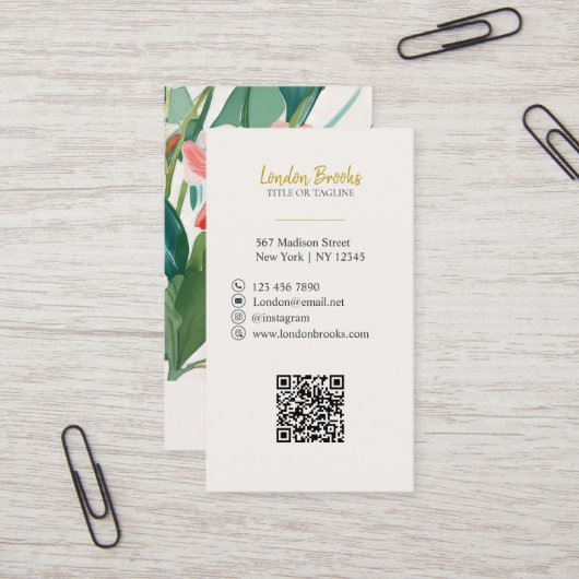 Elegant bloemenschrift goud | QR-code voor sociale Visitekaartje (Voorkant / Achterkant in situ)