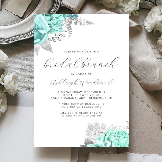 Elegant bloemenscript Aqua Silver Bridal Brunch Kaart