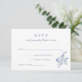 Elegant Bloemenscript Blauw Bruiloft RSVP Kaart (Staand voorkant)
