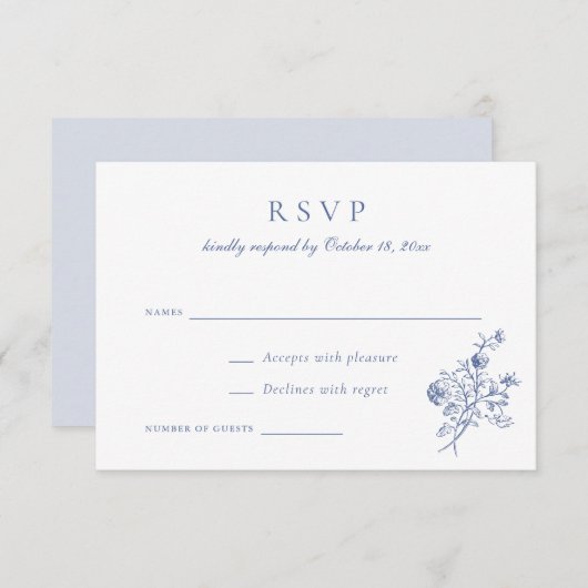 Elegant Bloemenscript Blauw Bruiloft RSVP Kaart (Voorkant / Achterkant)