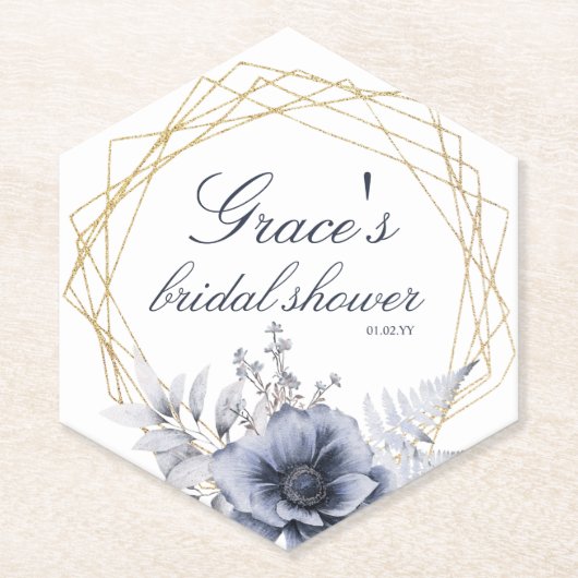 Elegant Bloemenscript in Blauw Wit Bruidsdiner Kartonnen Onderzetters (Voorkant)