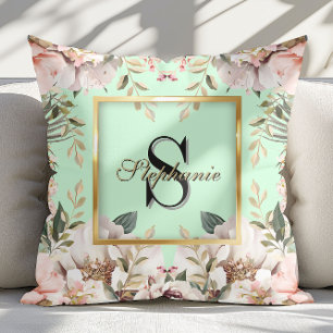 Elegant Bloemig Goud Lijst Monogram Lichtgroen Kussen