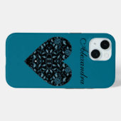 Elegant Bloemig Zwart en Blauwgroen Damast Hart Case-Mate iPhone Case (Achterkant (horizontaal))