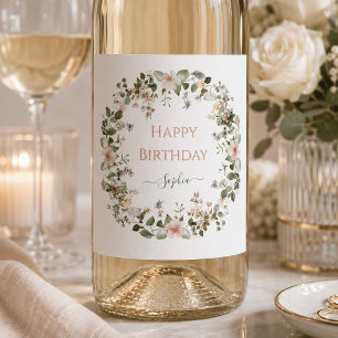 Elegant bloemige verjaardag – gepersonaliseerd wij wijn etiket