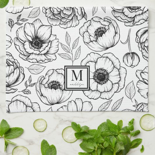 Elegant Bloemmotief Begin Hoofdletter Monogram Theedoek (Gevouwen)