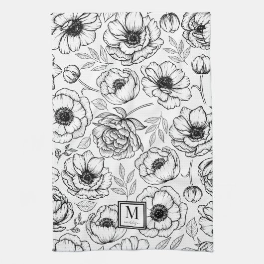 Elegant Bloemmotief Begin Hoofdletter Monogram Theedoek (Verticaal)