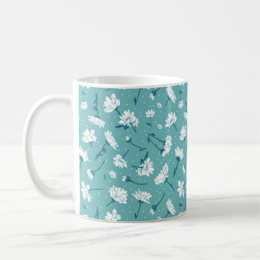 Elegant bloemmotief - Blauwgroen & wit Botanisch Koffiemok (Links)
