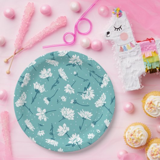 Elegant bloemmotief - Blauwgroen & wit Botanisch Papieren Bordje (Feest)