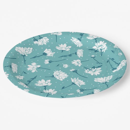 Elegant bloemmotief - Blauwgroen & wit Botanisch Papieren Bordje (Gekanteld)