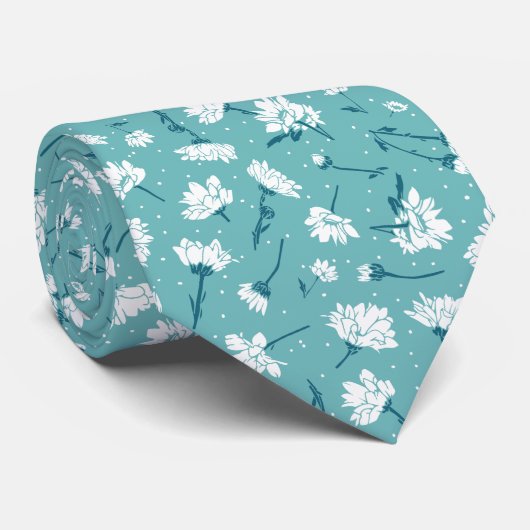 Elegant bloemmotief - Blauwgroen & wit Botanisch Stropdas (Opgerold)