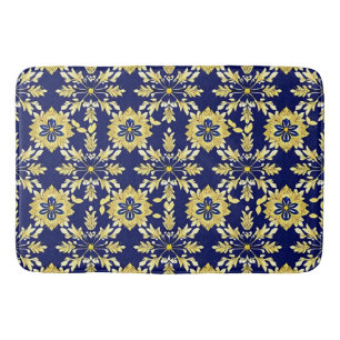 Elegant Bloemmotief in Goud en Blauw Badmat