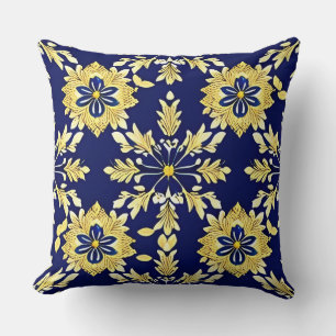 Elegant Bloemmotief in Goud en Blauw Kussen